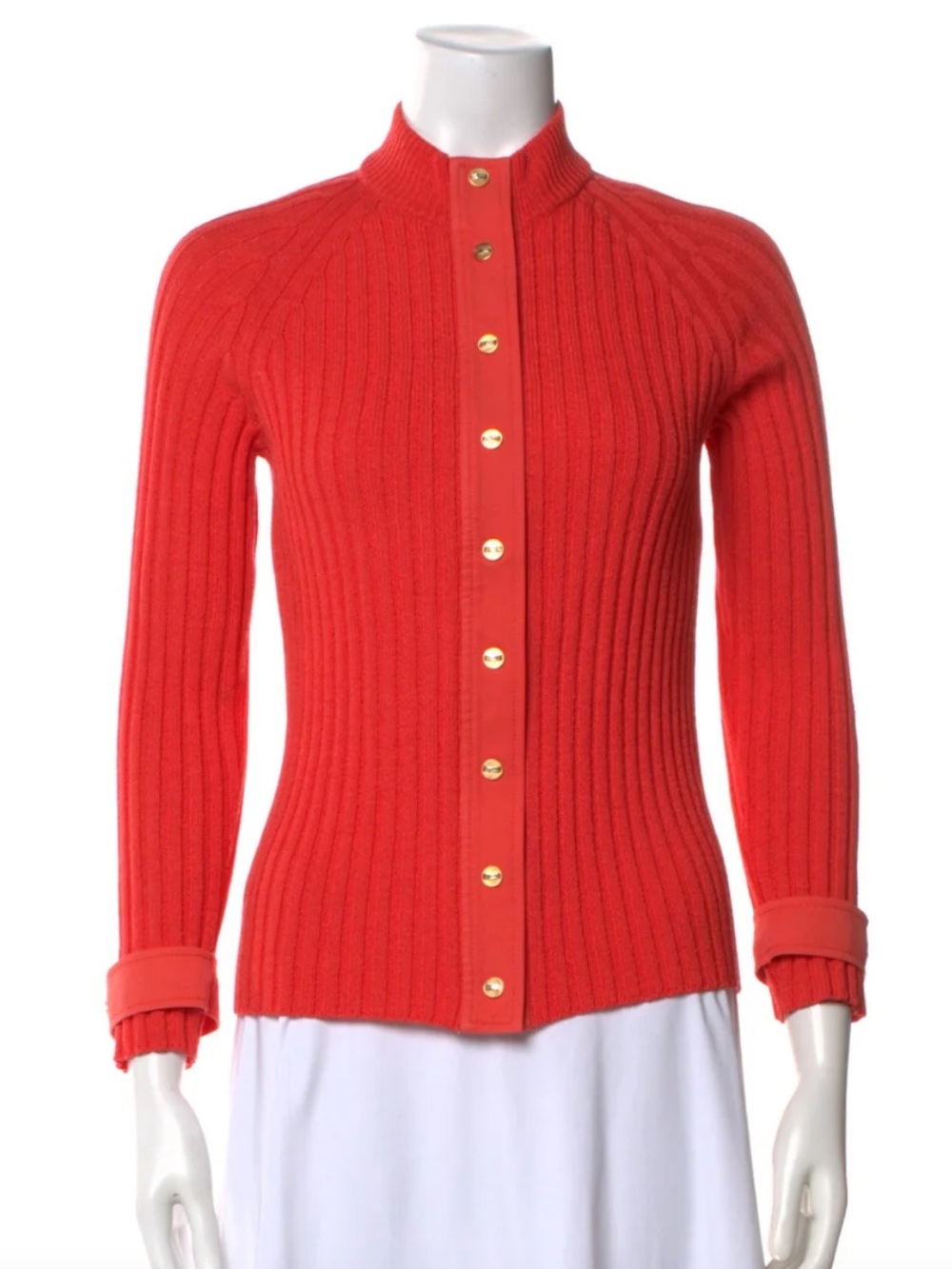 St John Sport Coral Ribbed Snap Front Cardigan Sporty Preppy Sweater XL Fitted